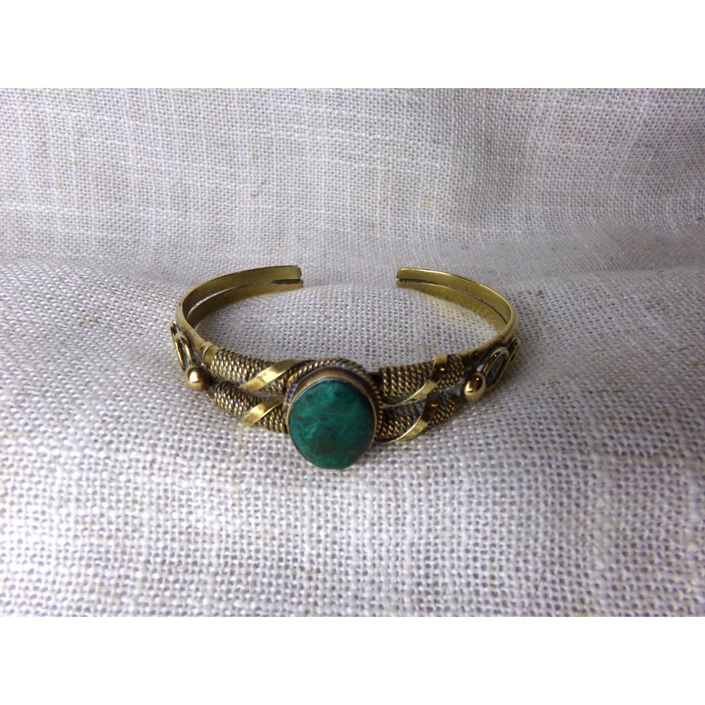 Vintage Brass Green Stone Cuff Bracelet Bangle Bracelet Boho Adjustable